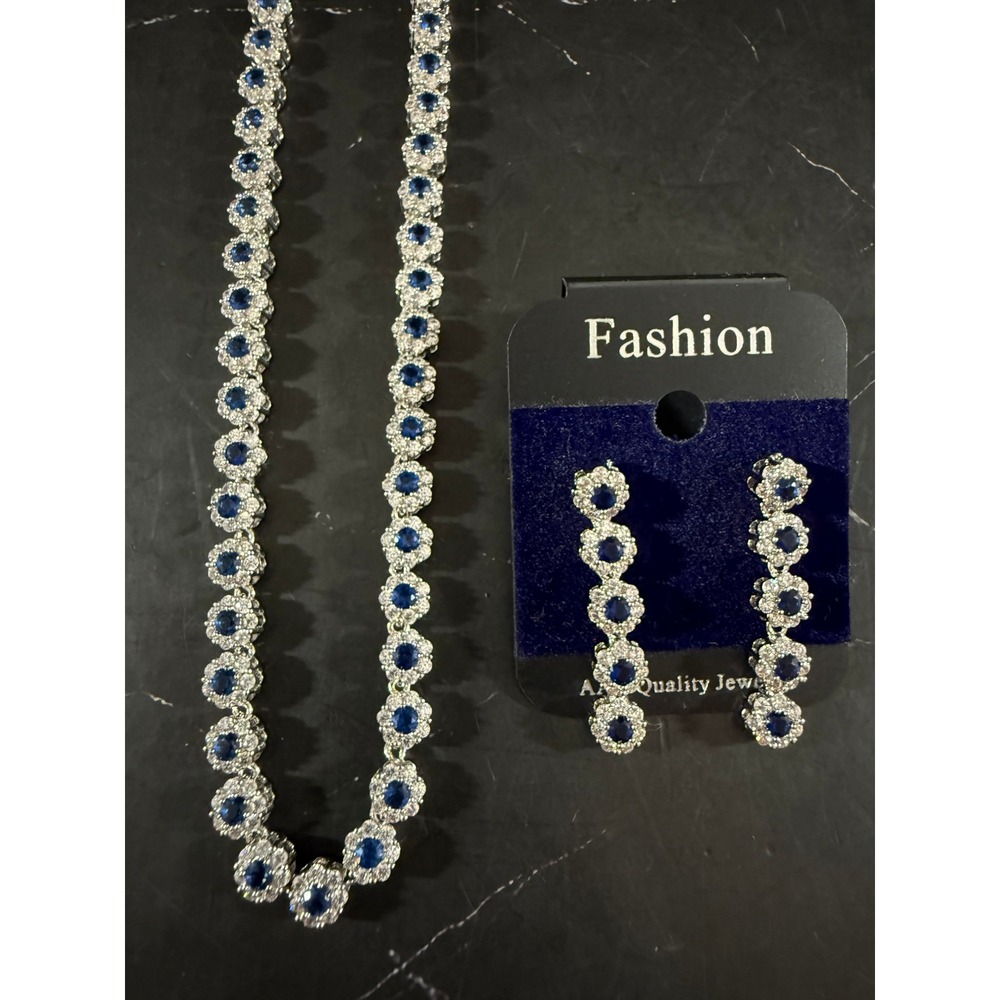 Sapphire Blue Crystal Tennis Stone 17in Necklace and Earrings Set Silver Tone